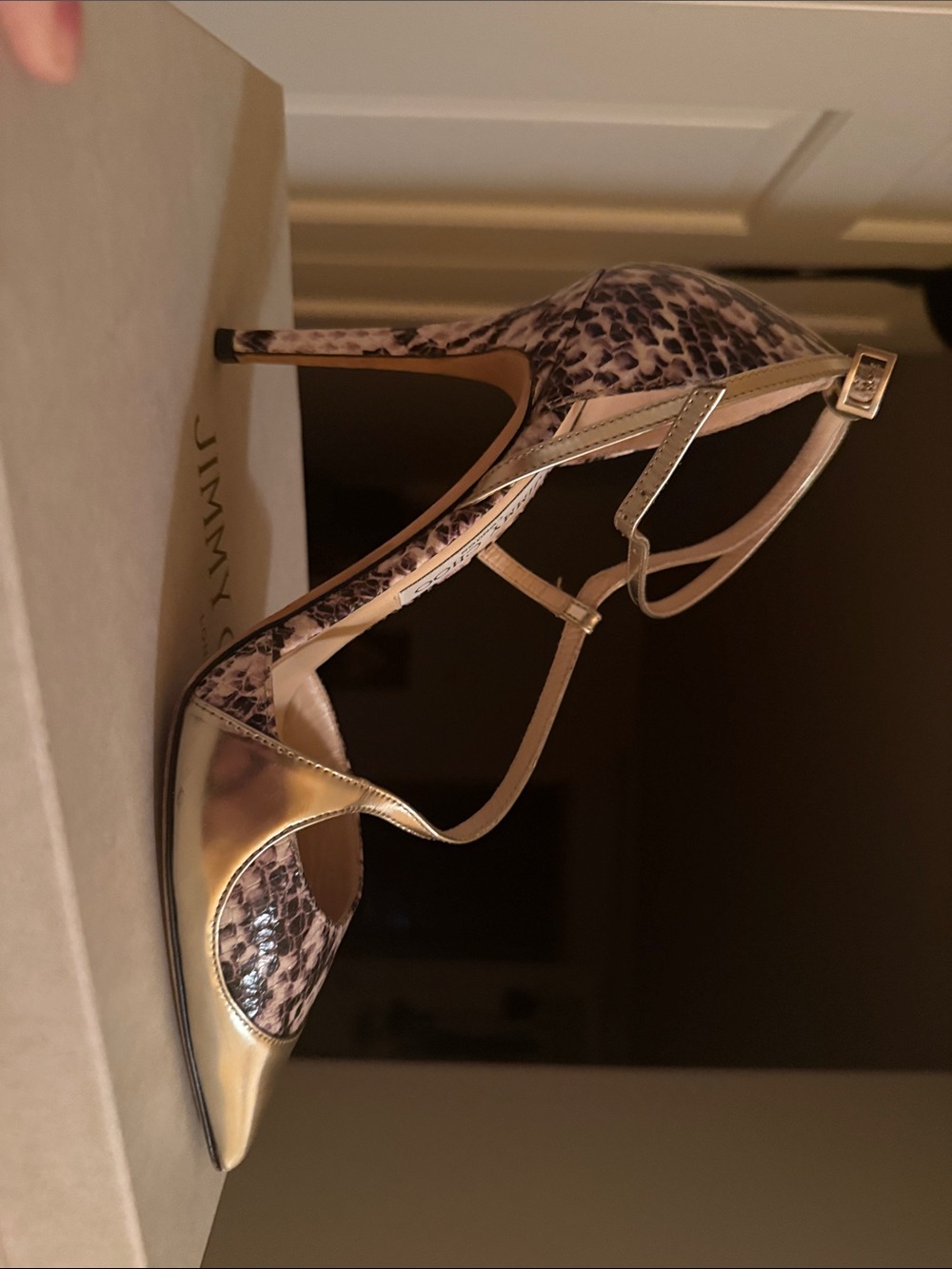 Jimmy Choo Metallic Gold and Snake Print Pointed Toe Heels - Picture 7 of 7